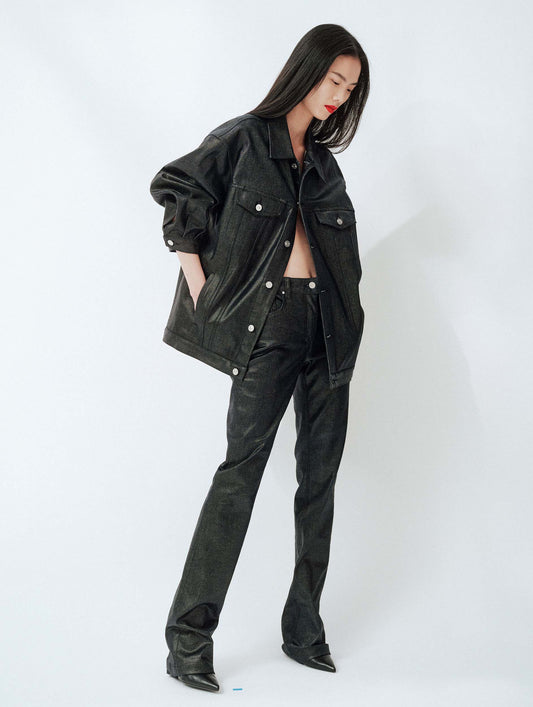 Black resin-coated denim oversized jacket