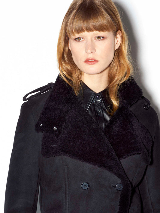 Manteau double boutonnage en peau lainée noir