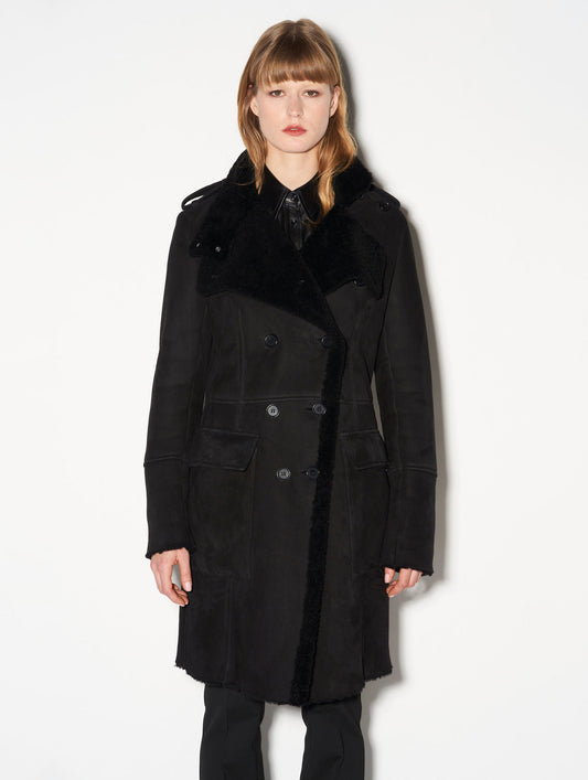 Manteau double boutonnage en peau lainée noir