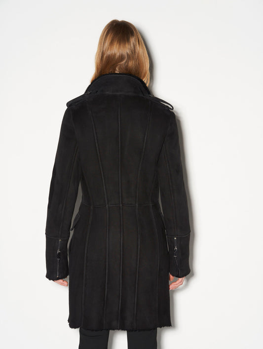 Manteau double boutonnage en peau lainée noir