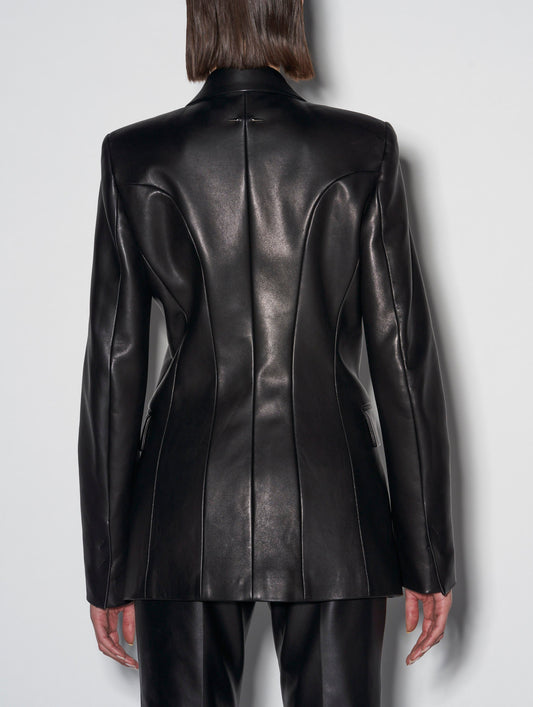 Long black plongé leather suit jacket