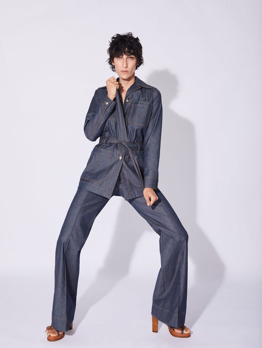 Blue washed denim flared trousers