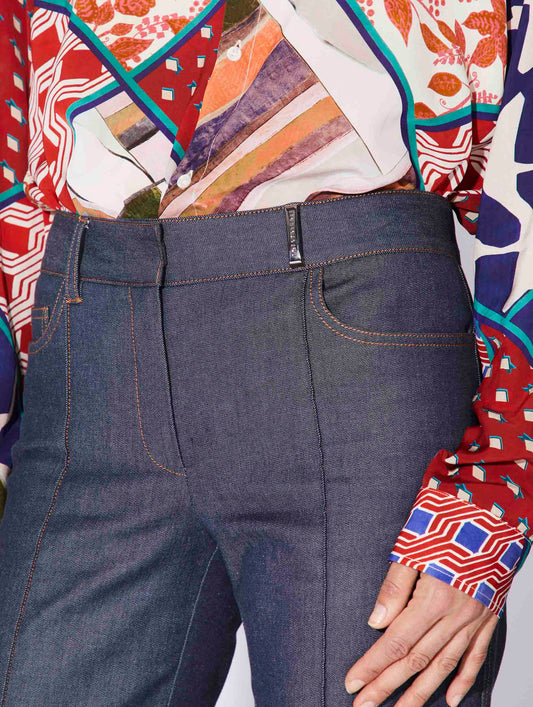 Blue washed denim flared trousers