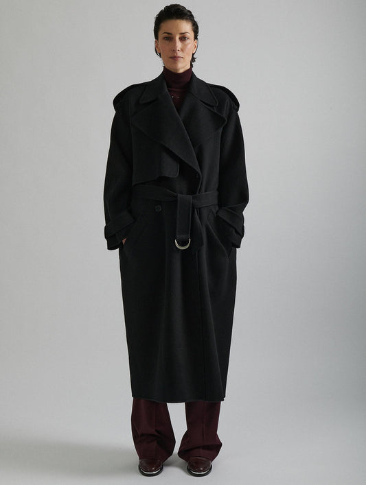 Manteau ceinturé en laine double face noir