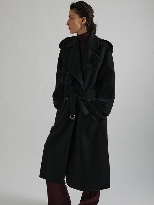 Manteau ceinturé en laine double face noir