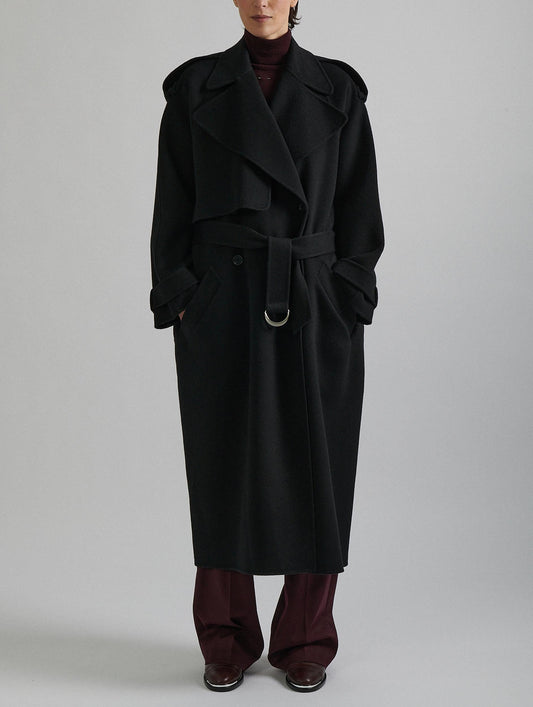 Manteau ceinturé en laine double face noir