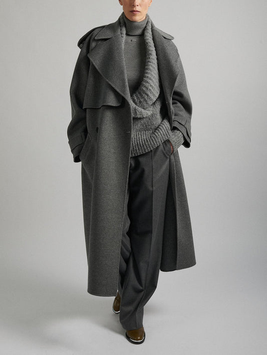 Manteau ceinturé en laine double face gris