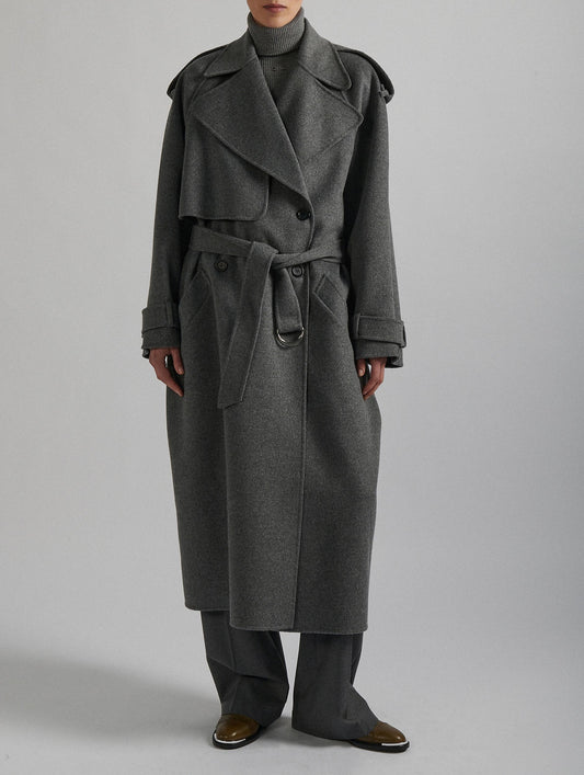 Manteau ceinturé en laine double face gris
