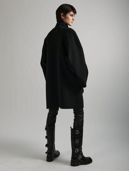 Manteau à col montant en laine double face noir