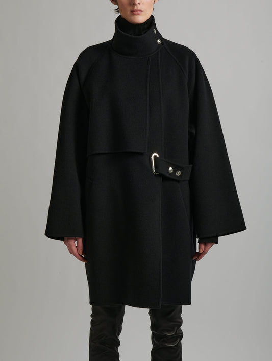 Manteau à col montant en laine double face noir
