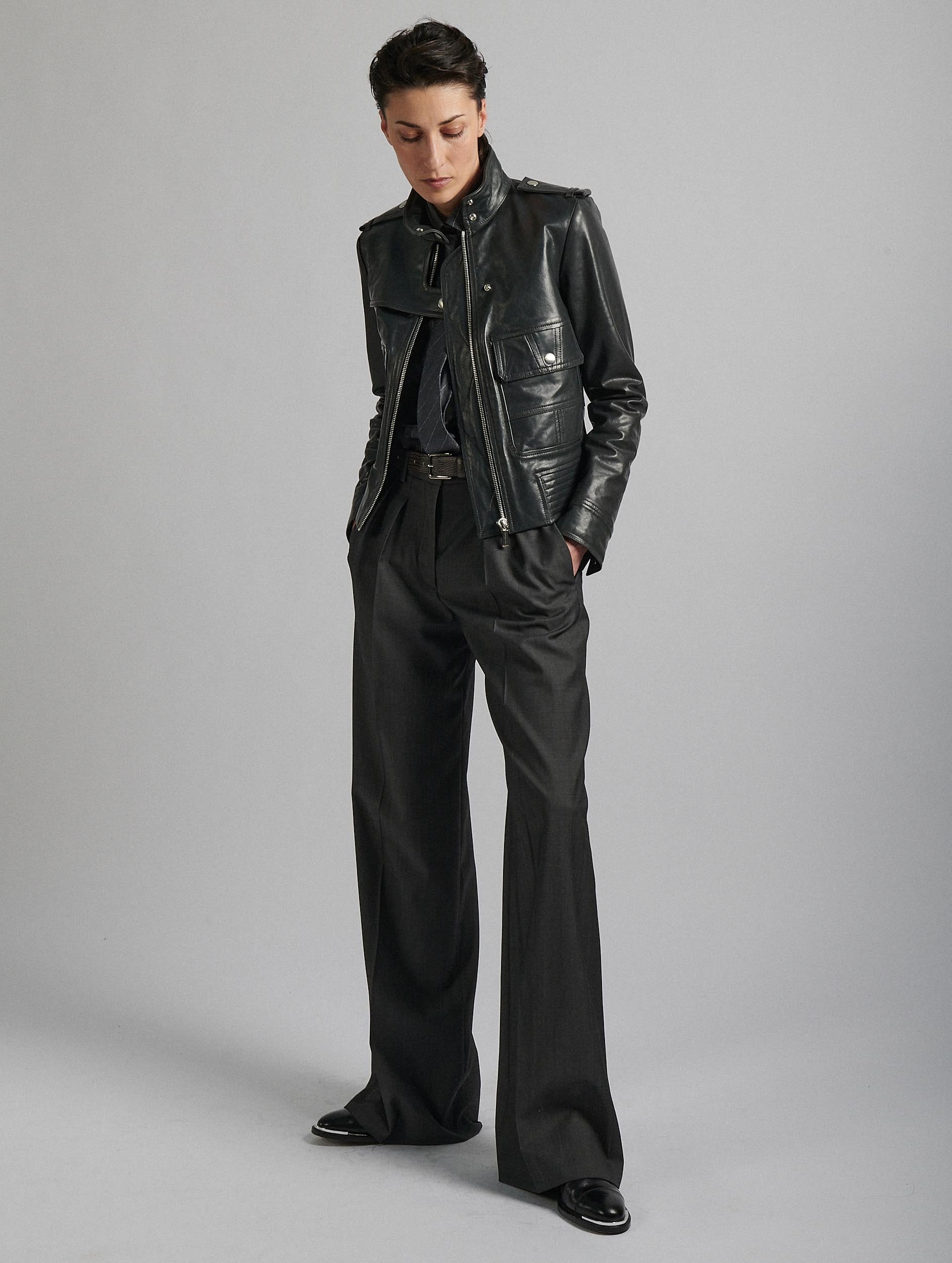 Women Ready-to-wear | Charcoal grey leather pilot jacket | Barbara