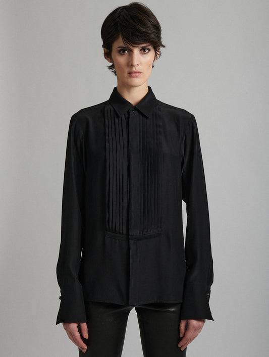 Chemise à plastron en crêpe de soie noire