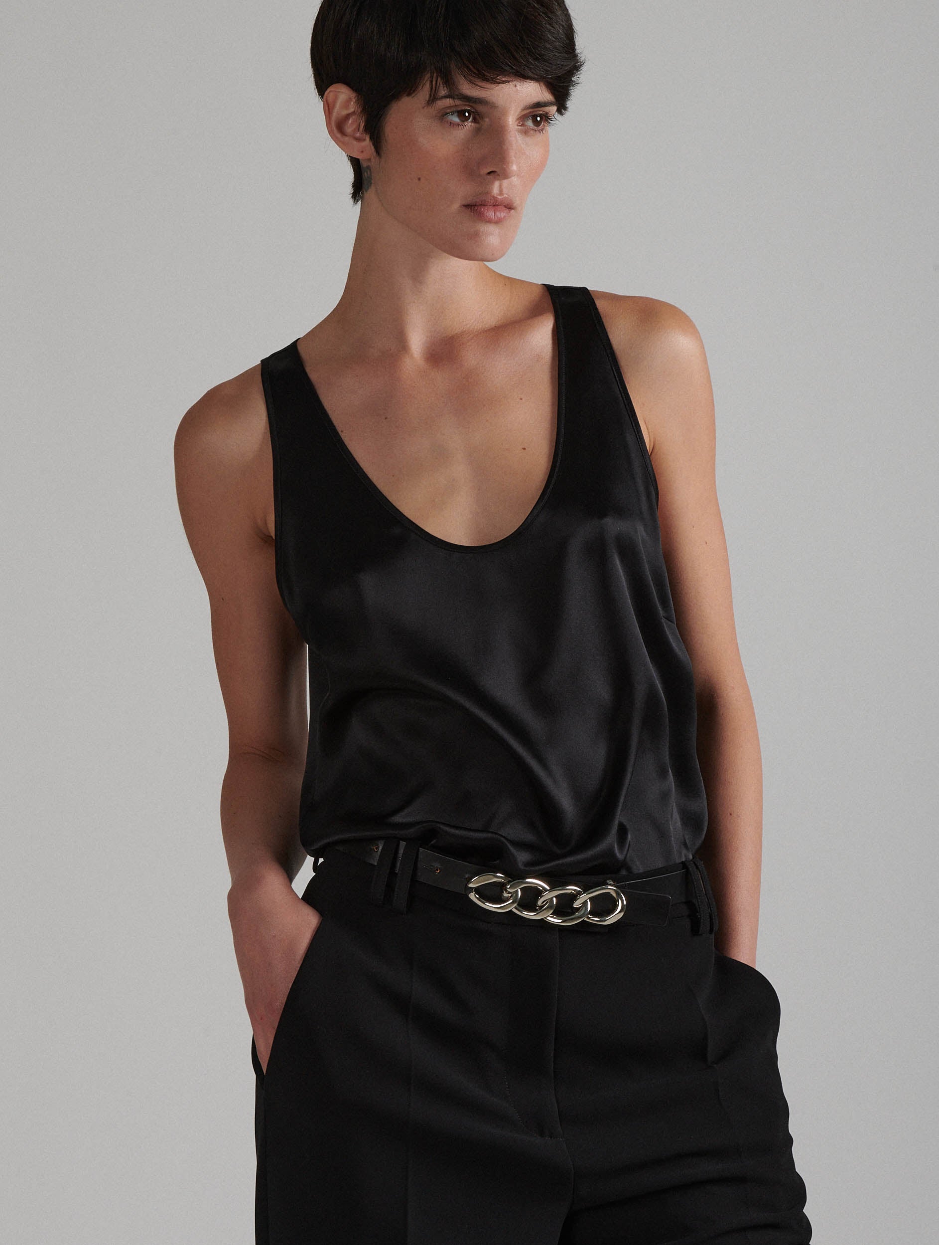 Black satin tank top hotsell