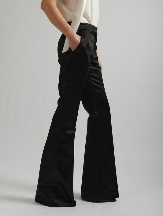 Black satin smoking flare suit trousers