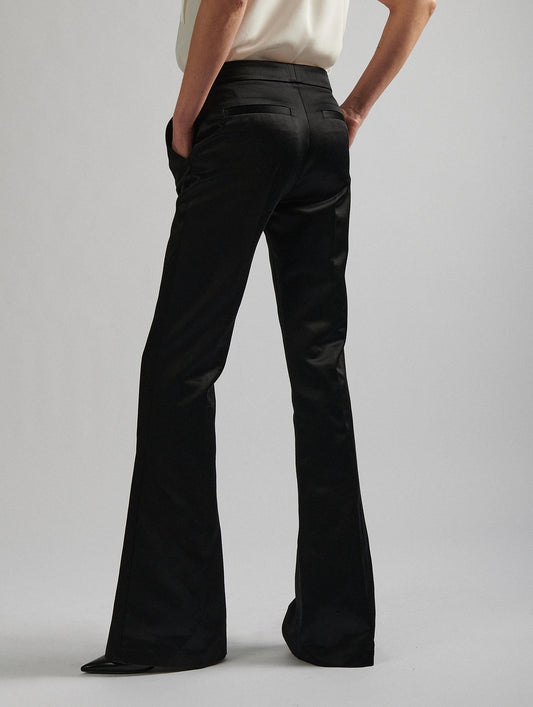 Black satin smoking flare suit trousers