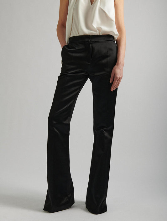 Black satin smoking flare suit trousers