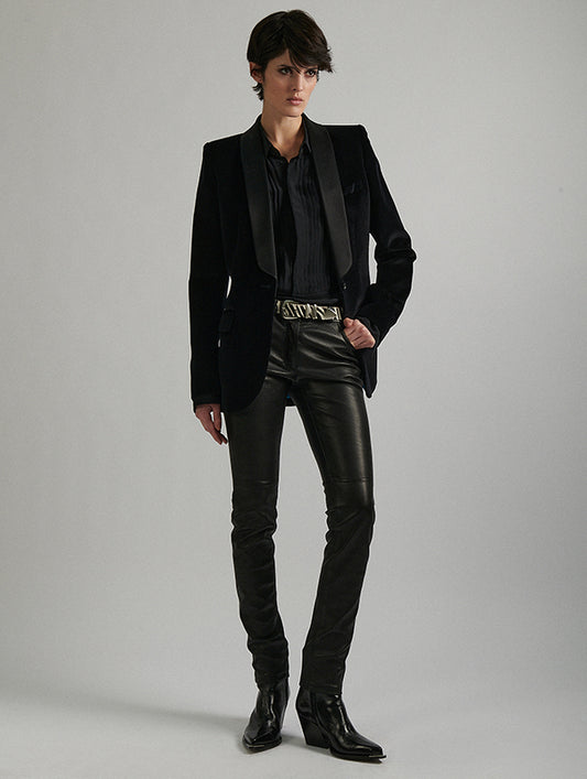 Pantalon coupe slim en cuir plongé stretch noir