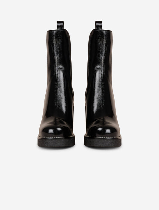 Elasticated black patent leather ankle boots