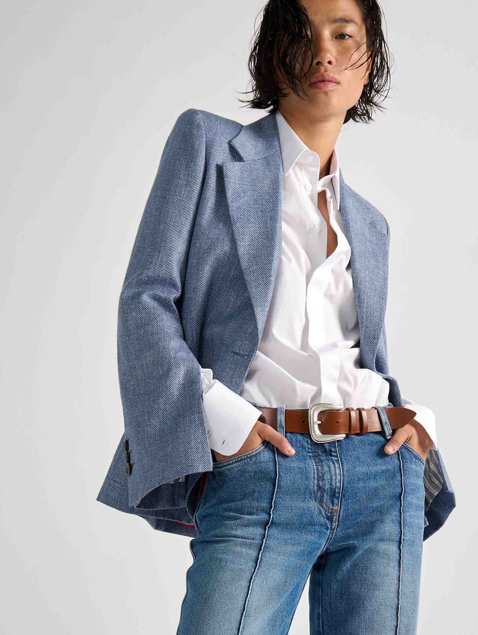 Women ready-to-wear Fitted jacket in blue linen and cotton