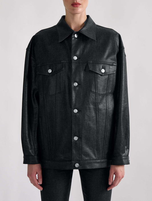 Black resin-coated denim oversized jacket