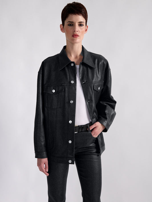 Black resin-coated denim oversized jacket