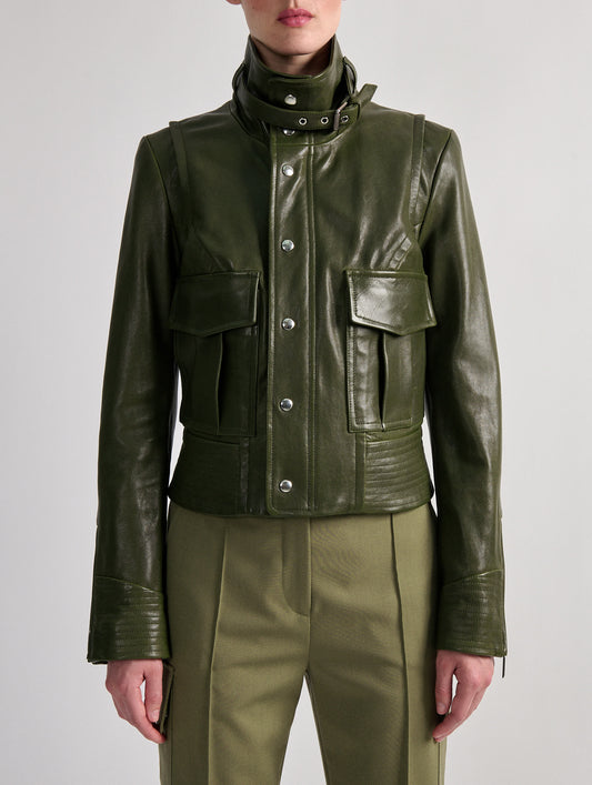 Khaki leather high-collar jacket