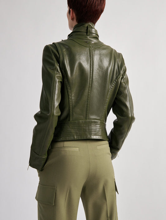 Khaki leather high-collar jacket