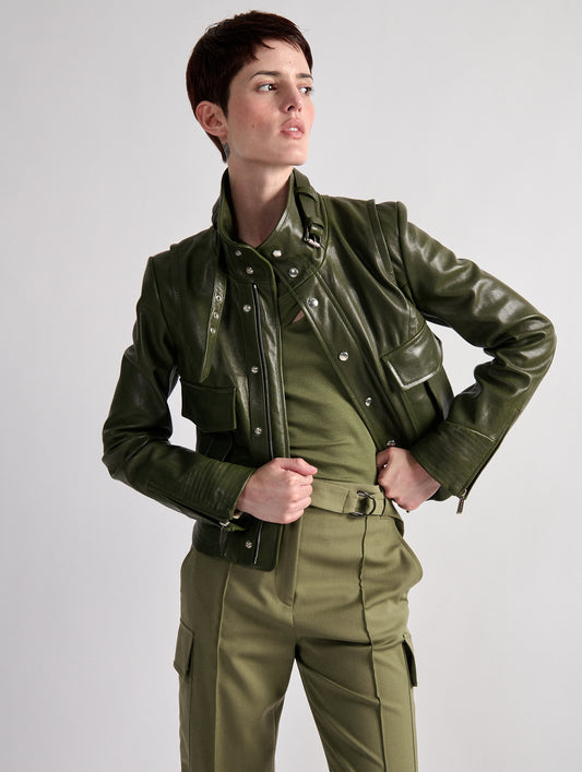 Khaki leather high-collar jacket