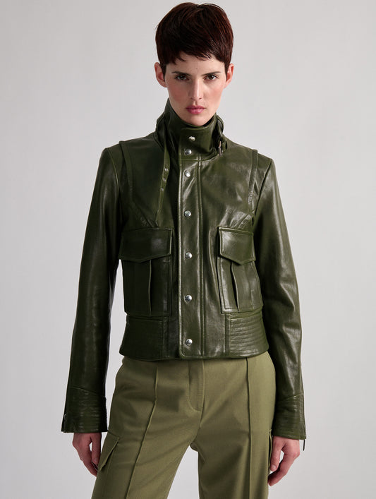 Khaki leather high-collar jacket