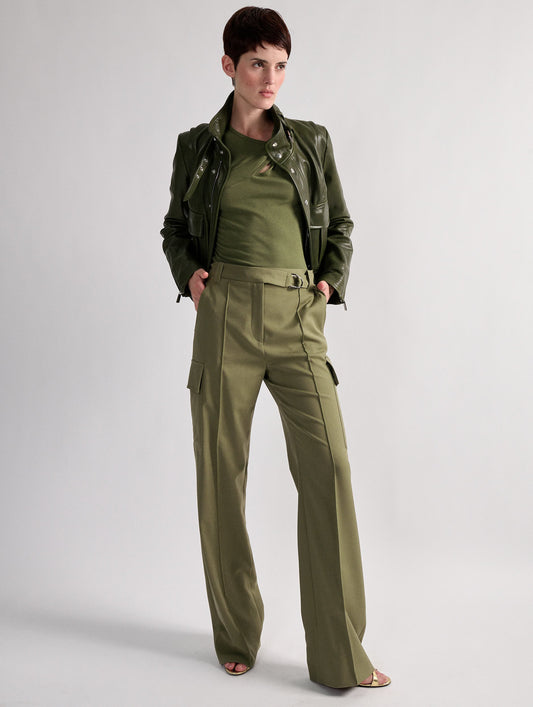 Khaki leather high-collar jacket
