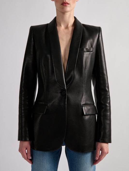 Black fitted shawl collar plongé leather jacket
