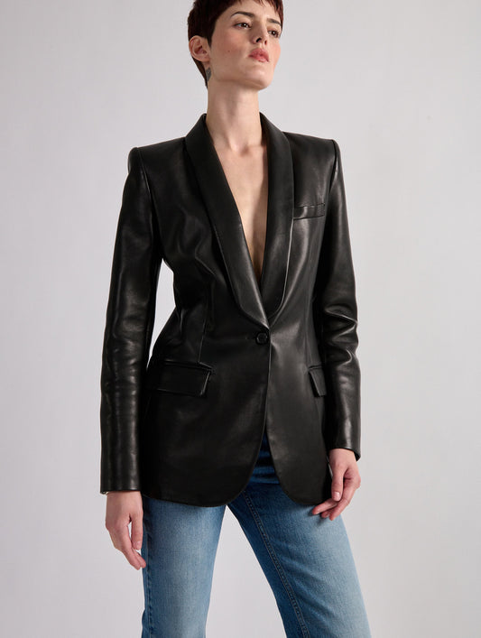 Black fitted shawl collar plongé leather jacket