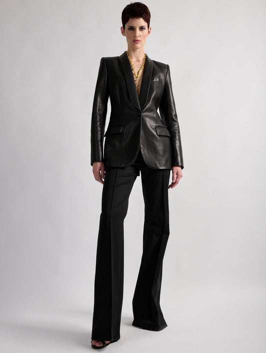 Black fitted shawl collar plongé leather jacket