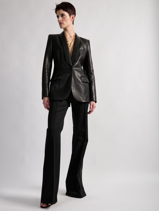 Black fitted shawl collar plongé leather jacket