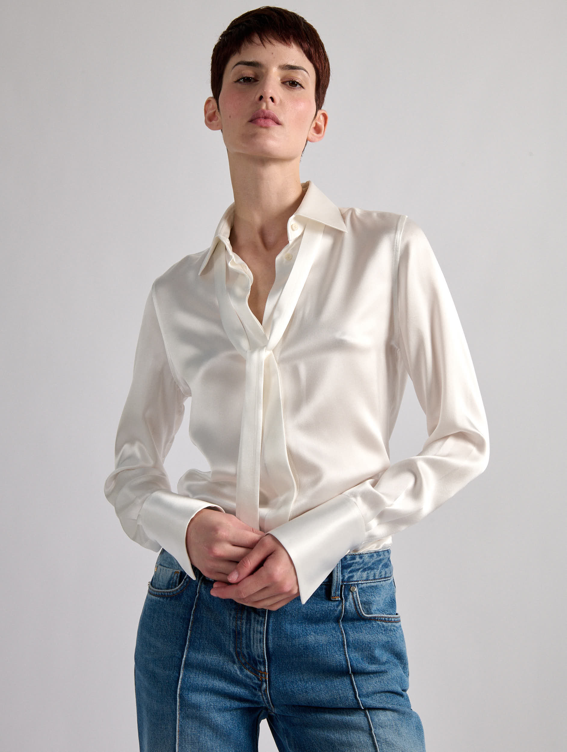 White Silk Dress Shirt Womens Women ready-to-wear | Ivory silk satin lavallire shirt White Silk Dress Shirt Womens Women ready-to-wear | Ivory silk satin lavallire shirt