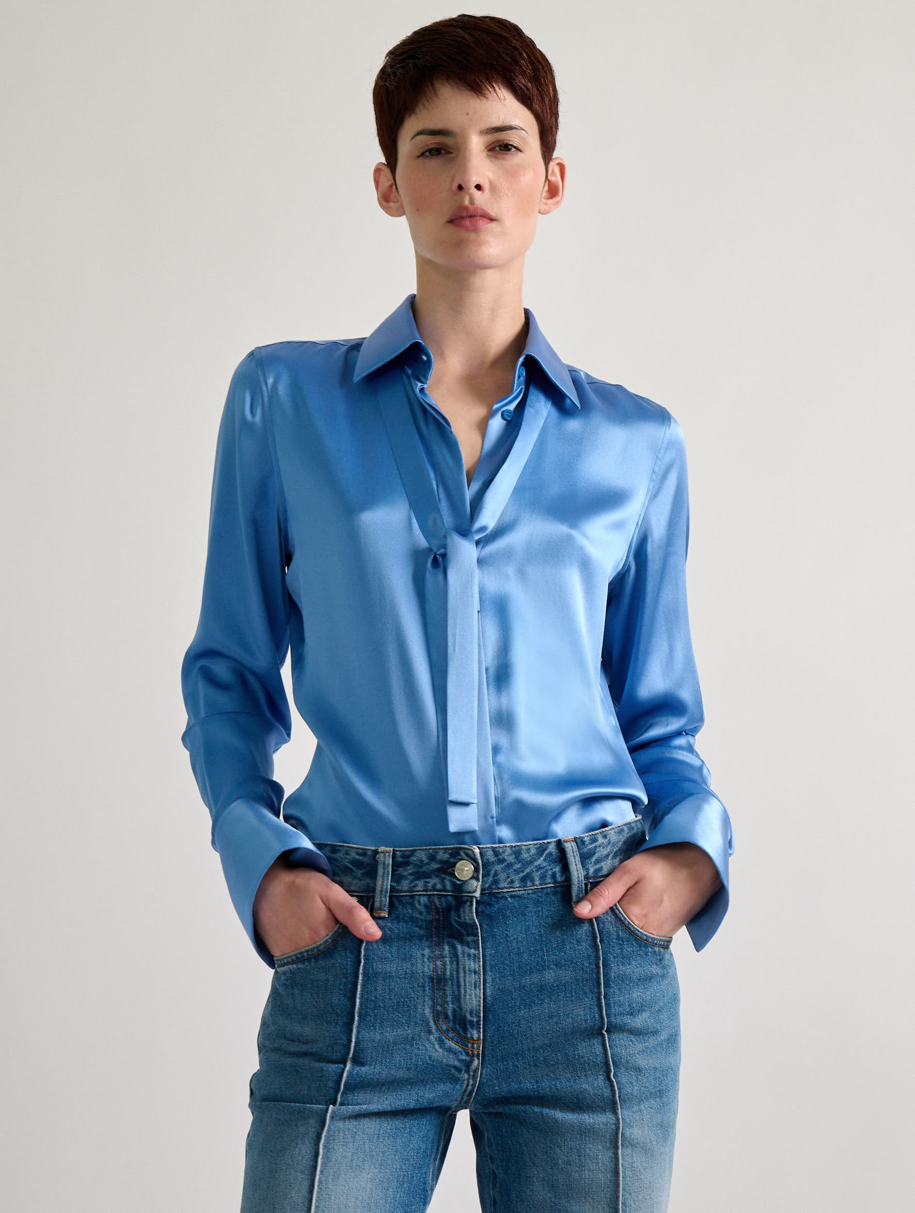 Chemise Jersey Chemisier Femme Manches Satin Mousseline de Soie Bleu Chemise Jersey Chemisier Femme Manches Satin Mousseline de Soie Bleu