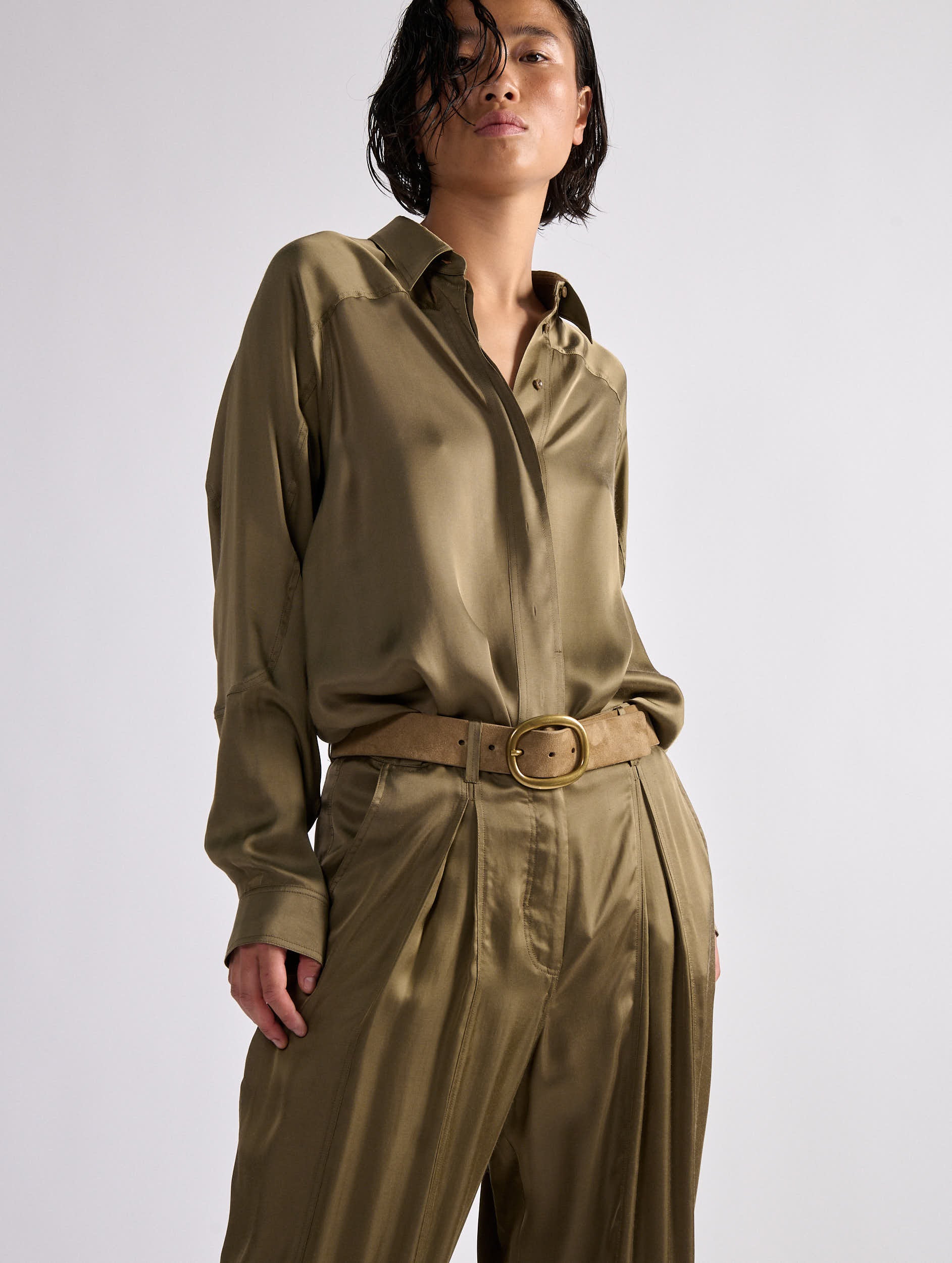 khaki satin blouse
