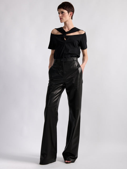 Black plongé leather wide-leg trousers