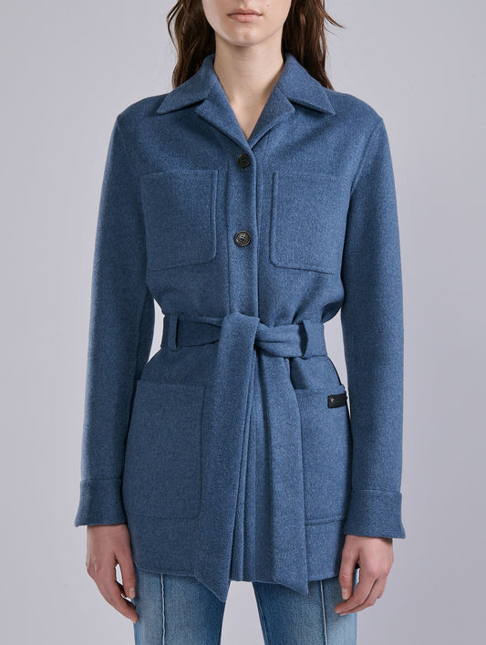 Veste ceinturée en double face laine cachemire bleu