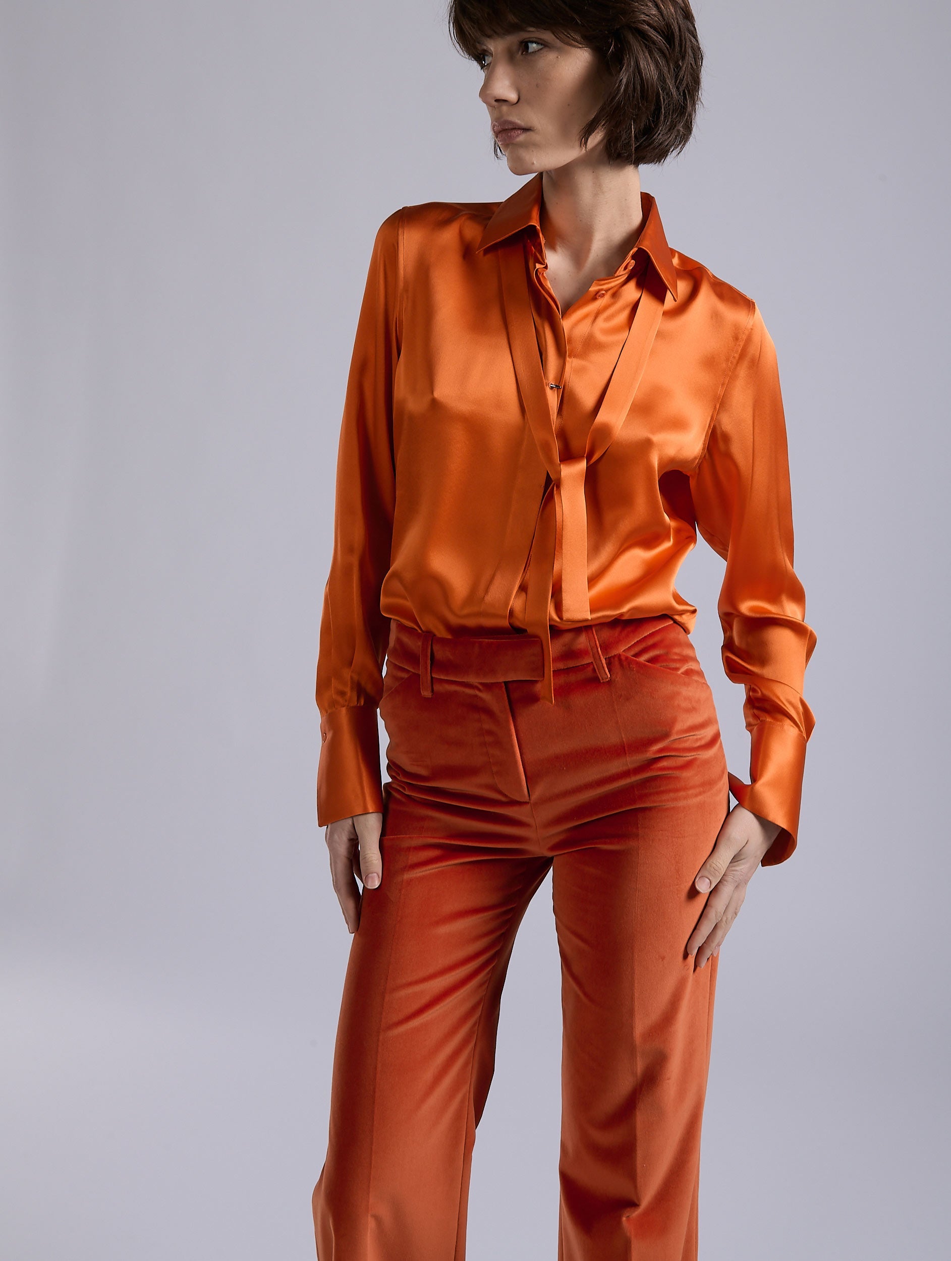 Women ready-to-wear | Orange silk satin lavallire shirt | Barbara Bui Official Online Store Women ready-to-wear | Orange silk satin lavallire shirt | Barbara Bui Official Online Store