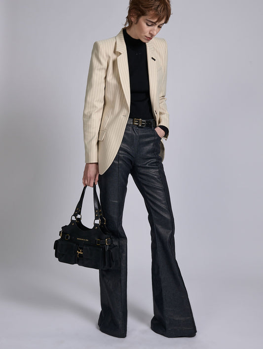 Resin-coated denim bootcut jeans