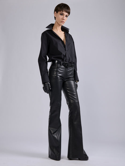 Black plongé leather flare trousers