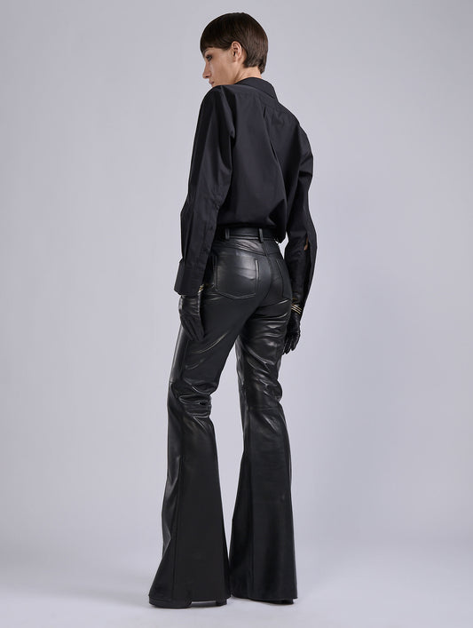Black plongé leather flare trousers