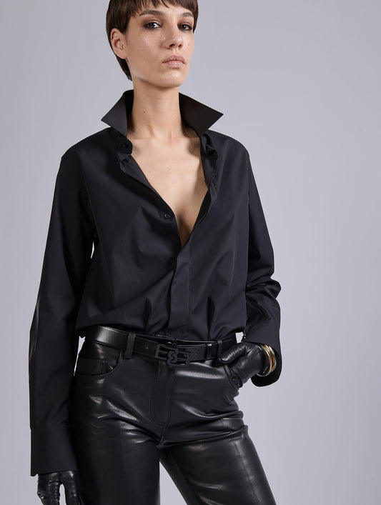 Black plongé leather flare trousers