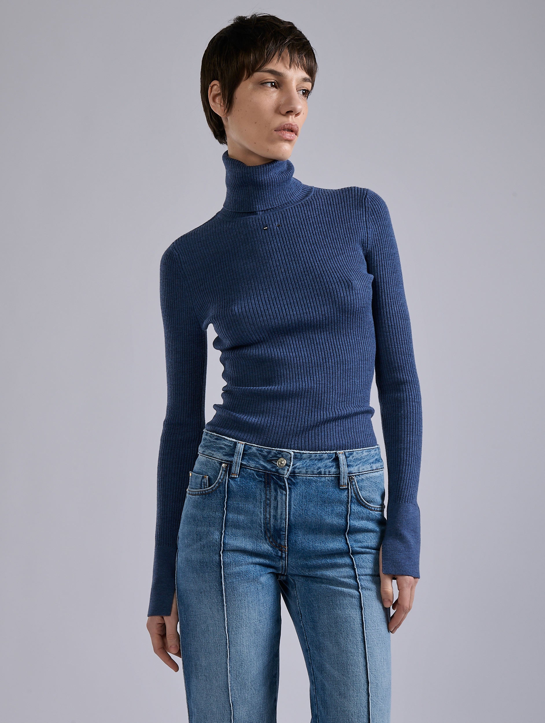 Women ready-to-wear Blue merino wool turtleneck sweater