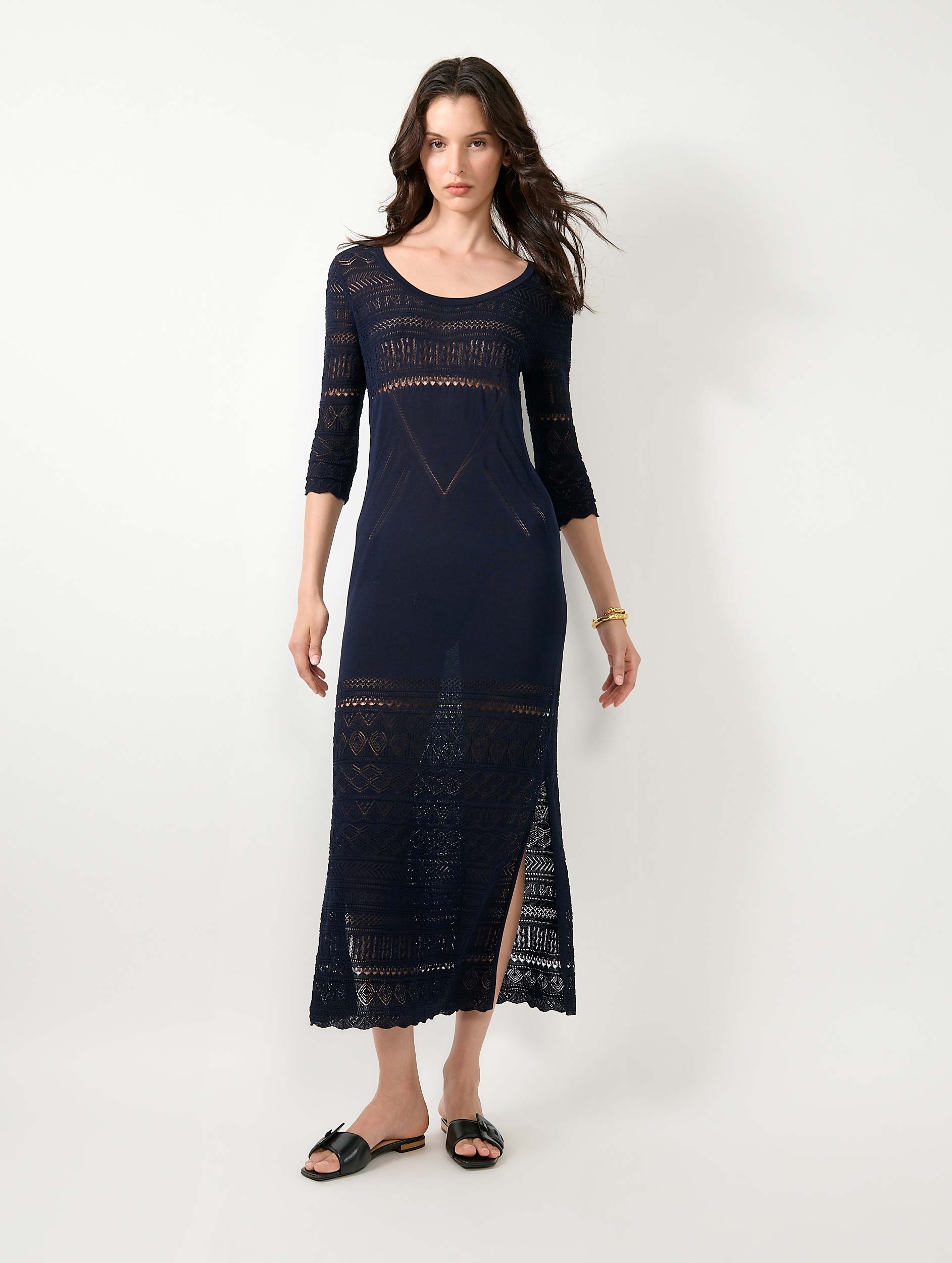 knitted slit dress Women Ready-to-Wear | Navy knit long Midi dress