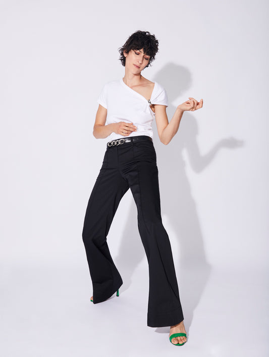 Black stretch cotton satin flared trousers