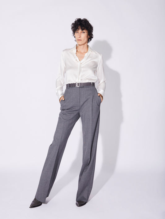 Grey gabardine wide-leg suit trousers