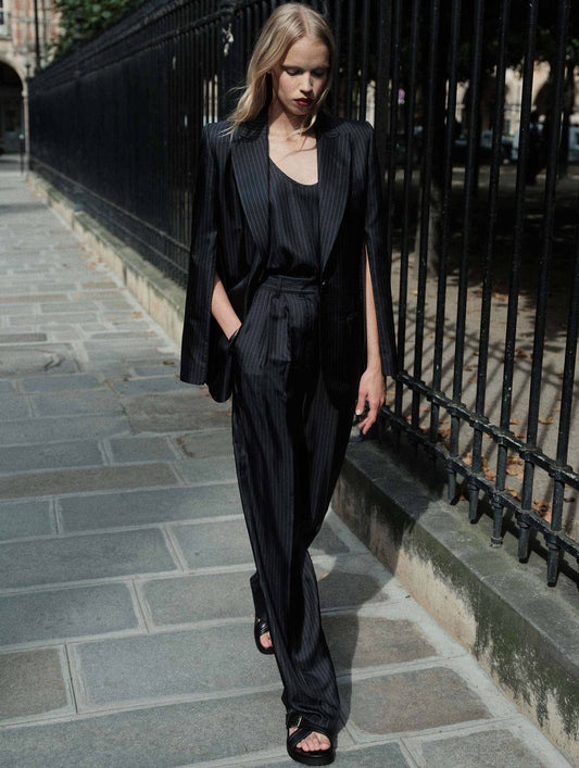 Tennis stripe print silk twill high-waisted pleated trousers