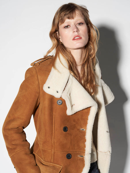 Camel double-breasted shearling coat